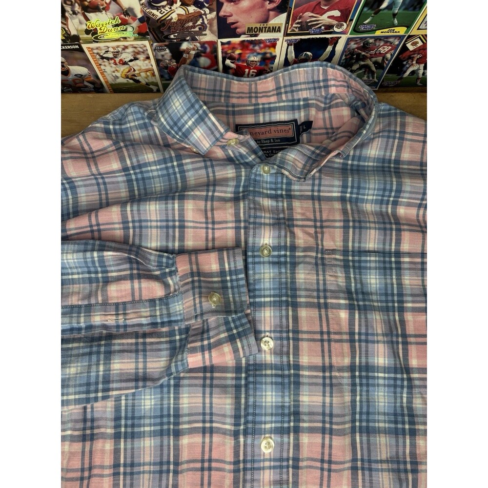 Vineyard Vines Shirt Mens Large Blue Pink Plaid Cotton Murray Shirt Button Down